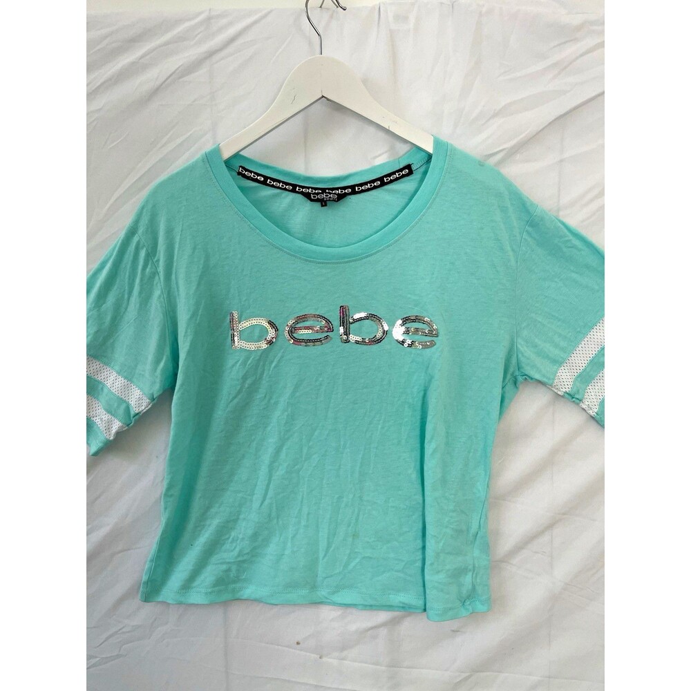 bebe Sport Women’s Turquoise Solid Sequin Logo Round Neck T-Shirt Size L